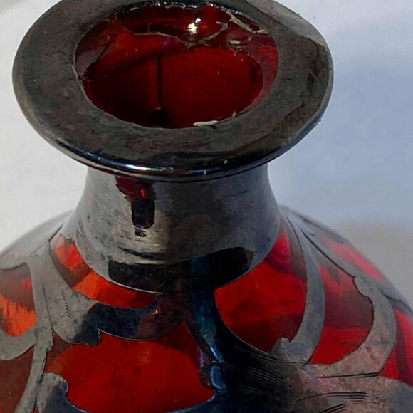 Art Nouveau Cranberry Red Glass Sterling Silver Overlay Vintage Perfume Bottle - Picture 5 of 8